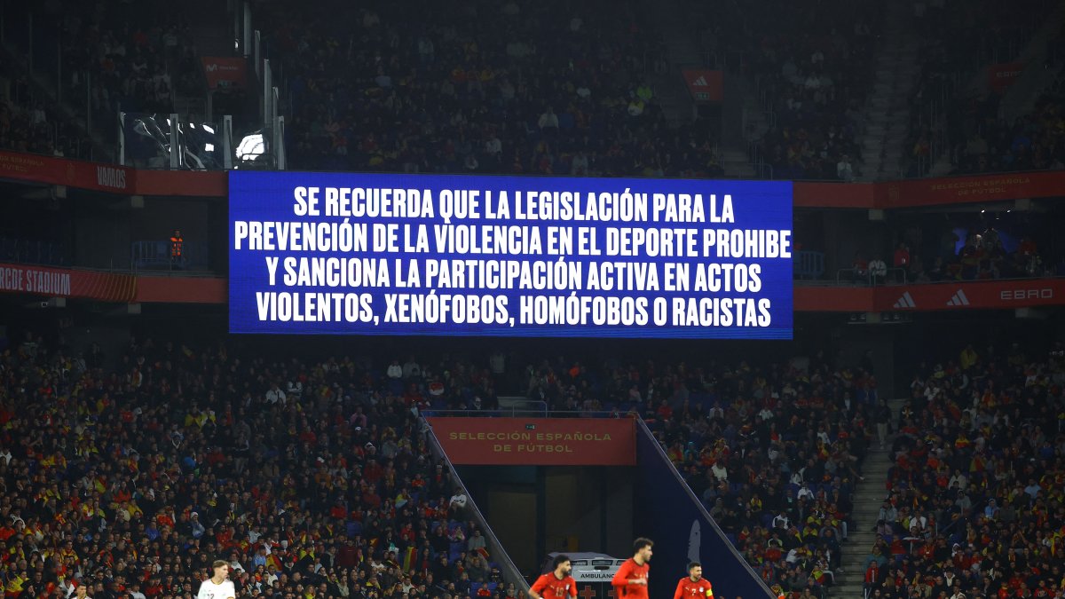 A big screen displays an anti-discrimination message inside the stadium during the international friendly match between Spain and Egypt at the RCDE Stadium, Cornella de Llobregat, Spain, March 31, 2026. (Reuters Photo)