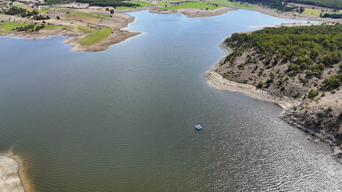 Drone footage shows Küçükler Dam, now over 50% full after winter rain and stream transfers, Uşak, Türkiye, April 1, 2026. (AA Photo)