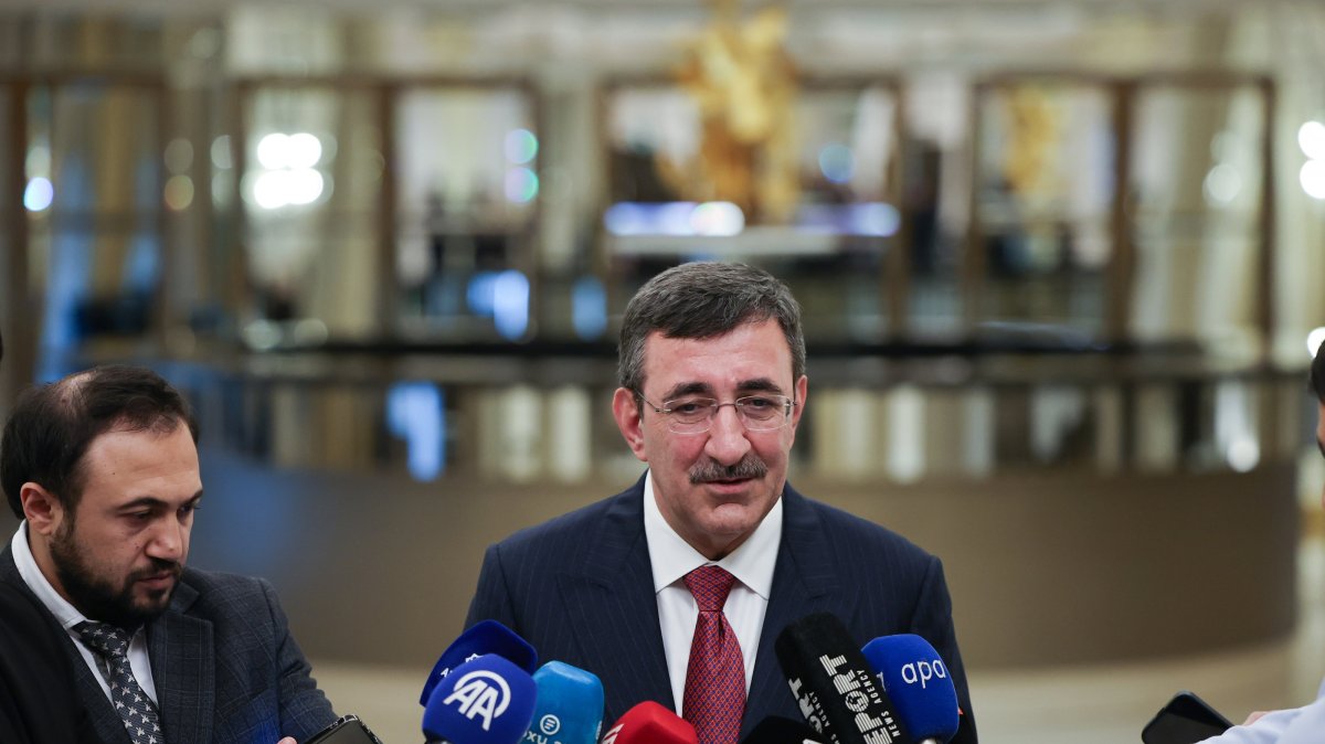 Vice President Cevdet Yılmaz speaks to journalists during an event in Baku, Azerbaijan, April 2, 2026. (AA Photo)