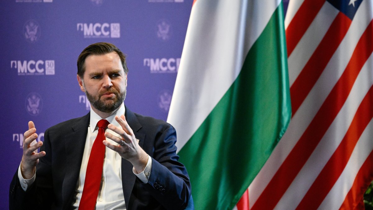 U.S. Vice President JD Vance participates in a panel discussion with Director-General of Mathias Corvinus Collegium (MCC) Zoltan Szalai at the MCC training center in Budapest, Hungary, April 8, 2026. (EPA Photo)