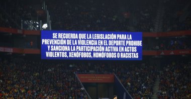 A big screen displays an anti-discrimination message inside the stadium during the international friendly match between Spain and Egypt at the RCDE Stadium, Cornella de Llobregat, Spain, March 31, 2026. (Reuters Photo)
