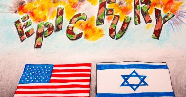 "It’s been one month since the so-called operation “Epic Fury” was started by the U.S. and Israel against Iran." (Illustration by Erhan Yalvaç)