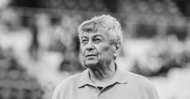 This grayscale tribute photo shows late Romanian coach Mircea Lucescu. (DHA Photo)