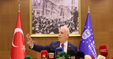 In this undated photo, former Bursa Mayor Mustafa Bozbey speaks to the press, Bursa, Türkiye. (DHA Photo)