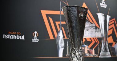 The UEFA Europa League trophy is seen ahead of the UEFA Europa League 2025/26 round of 16, quarterfinals and semifinals draw at the UEFA Headquarters, The House of the European Football,  Nyon, Switzerland, Feb. 27, 2026. (Getty Images Photo)