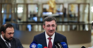Vice President Cevdet Yılmaz speaks to journalists during an event in Baku, Azerbaijan, April 2, 2026. (AA Photo)