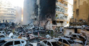 Firefighters attempt to extinguish a fire following an Israeli strike at the Corniche al-Mazraa neighbourhood of Beirut, Lebanon, April 8, 2026. (AFP Photo)