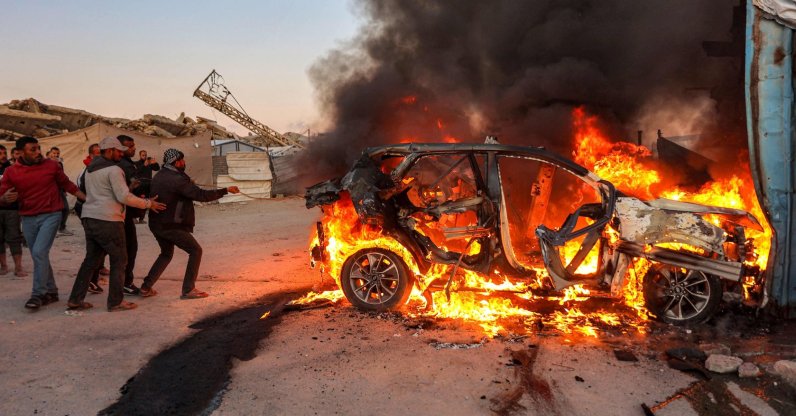 Flames rise after a strike on the vehicle of Palestinian journalist Mohammed Washeha in southern Gaza City, April 8, 2026. (AFP Photo)