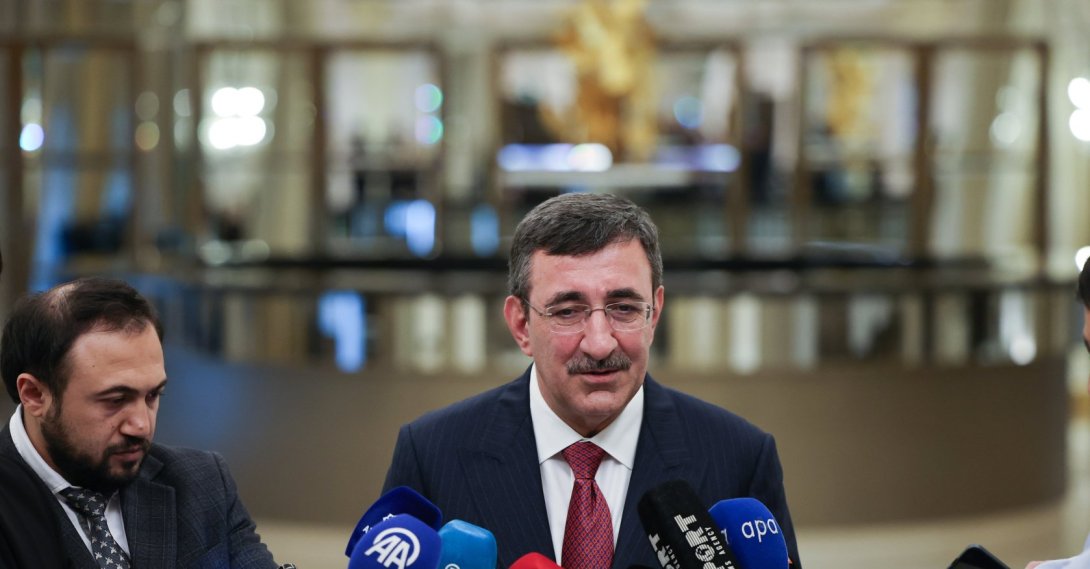 Vice President Cevdet Yılmaz speaks to journalists during an event in Baku, Azerbaijan, April 2, 2026. (AA Photo)
