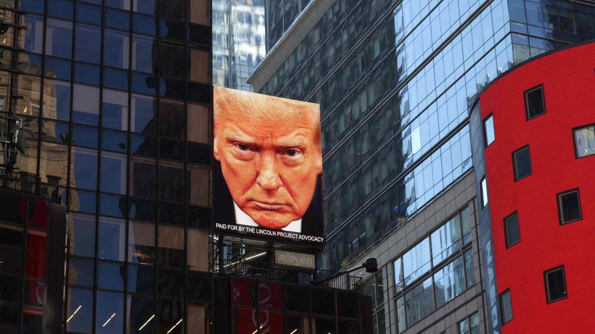 An image of U.S. President Donald Trump is displayed on a digital billboard in Times Square in New York, U.S., April 8, 2026. (AFP Photo)