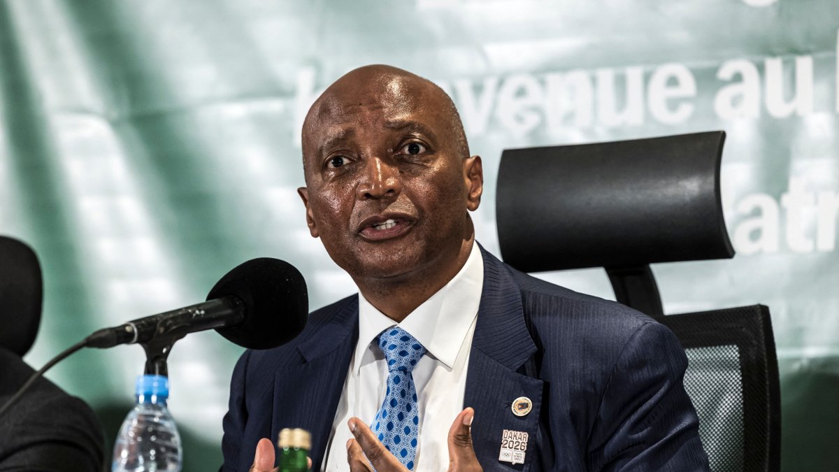 President of Confederation of African Football (CAF) Patrice Motsepe speaks during a press conference at the Pullman Hotel, Dakar, Senegal, April 8, 2026. (AFP Photo)