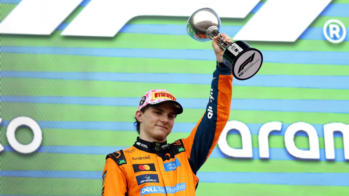Second-placed McLaren driver Oscar Piastri of Australia celebrates on the podium after the Formula One Japanese Grand Prix at the Suzuka International Racing Course racetrack, Suzuka, Japan, March 29, 2026. (EPA Photo)