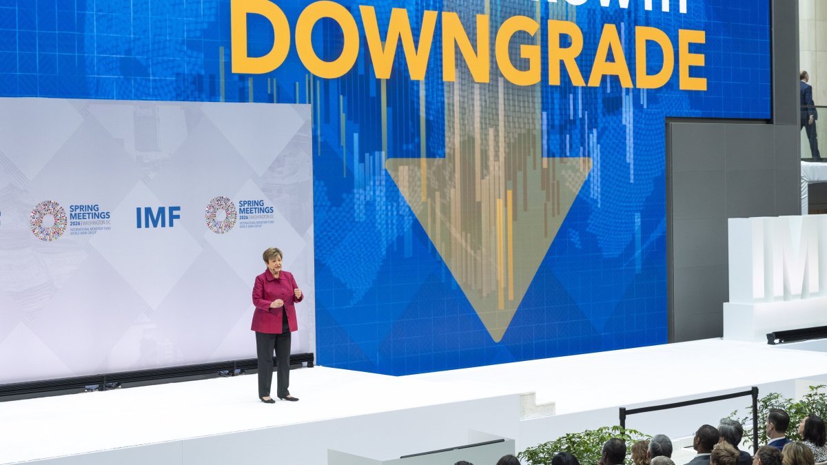 International Monetary Fund (IMF) Managing Director Kristalina Georgieva delivers remarks during her Curtain Raiser event at IMF headquarters, Washington, D.C., U.S., April 9, 2026. (EPA Photo)