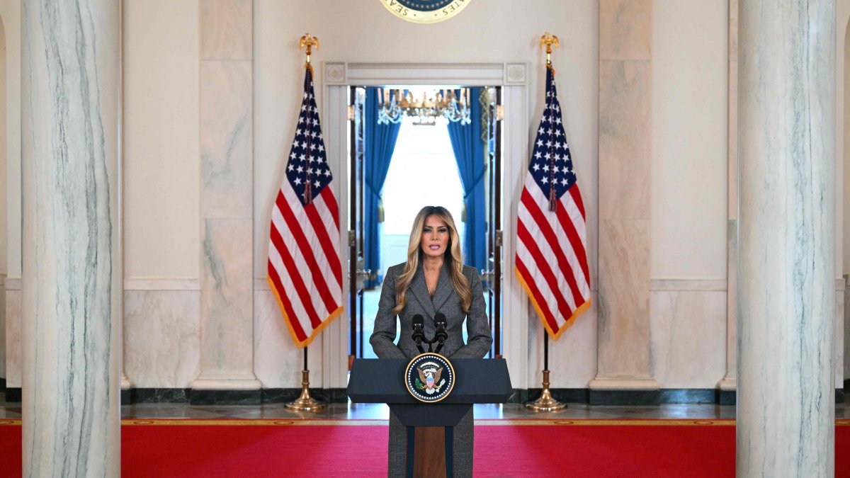 U.S. First Lady Melania Trump speaks in the Cross Hall of the White House in Washington, D.C., April 9, 2026. (AFP Photo)