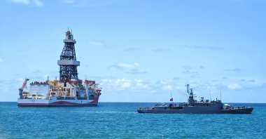 Türkiye's Çağrı Bey drillship is seen in Somali waters in this photo shared on April 9, 2026. (AA Photo)