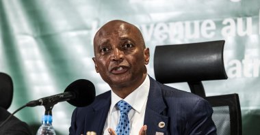 President of Confederation of African Football (CAF) Patrice Motsepe speaks during a press conference at the Pullman Hotel, Dakar, Senegal, April 8, 2026. (AFP Photo)