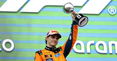 Second-placed McLaren driver Oscar Piastri of Australia celebrates on the podium after the Formula One Japanese Grand Prix at the Suzuka International Racing Course racetrack, Suzuka, Japan, March 29, 2026. (EPA Photo)