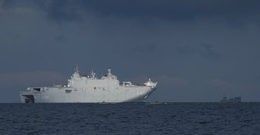 A Turkish naval ship provides support during an amphibious landing operation conducted by the Allied Reaction Force during NATO-led military exercises on Wessek Beach, Putlos, Germany, Feb. 18, 2026. (AP Photo)