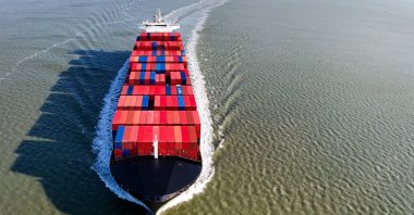 A view of the Independent Quest, a container ship registered in Portugal, leaves the Antwerp harbor, Hansweert, Netherlands, March 15, 2026. (EPA Photo)