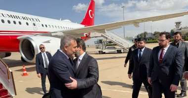 Syrian Foreign Minister Asaad al-Shaibani (R) welcomes Foreign Minister Hakan Fidan as the latter arrives at the airport, Damascus, Syria, April 5, 2026. (AA Photo)