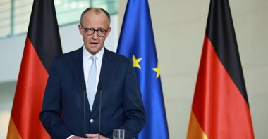 German Chancellor Friedrich Merz delivers a press statement at the Chancellery in Berlin, Germany, April 9, 2026. (EPA Photo)