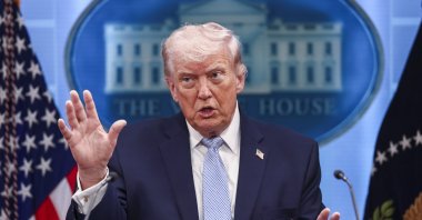 U.S. President Donald Trump gestures as he responds to a question from the news media during a briefing on Iran, the White House, Washington, D.C., U.S., April 6, 2026. (EPA Photo)