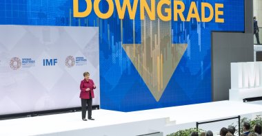 International Monetary Fund (IMF) Managing Director Kristalina Georgieva delivers remarks during her Curtain Raiser event at IMF headquarters, Washington, D.C., U.S., April 9, 2026. (EPA Photo)