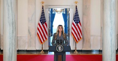U.S. First Lady Melania Trump speaks in the Cross Hall of the White House in Washington, D.C., April 9, 2026. (AFP Photo)