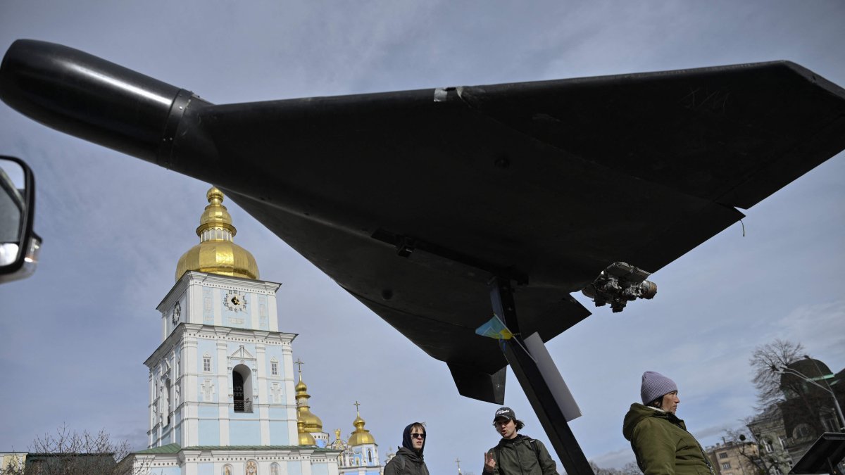 People look at an Iranian-designed HESA Shahed 136 (Geran-2) drone at an open-air exhibition of destroyed Russian military equipment on Mykhailivska Square, Kyiv, Ukraine, April 7, 2026. (AFP Photo)
