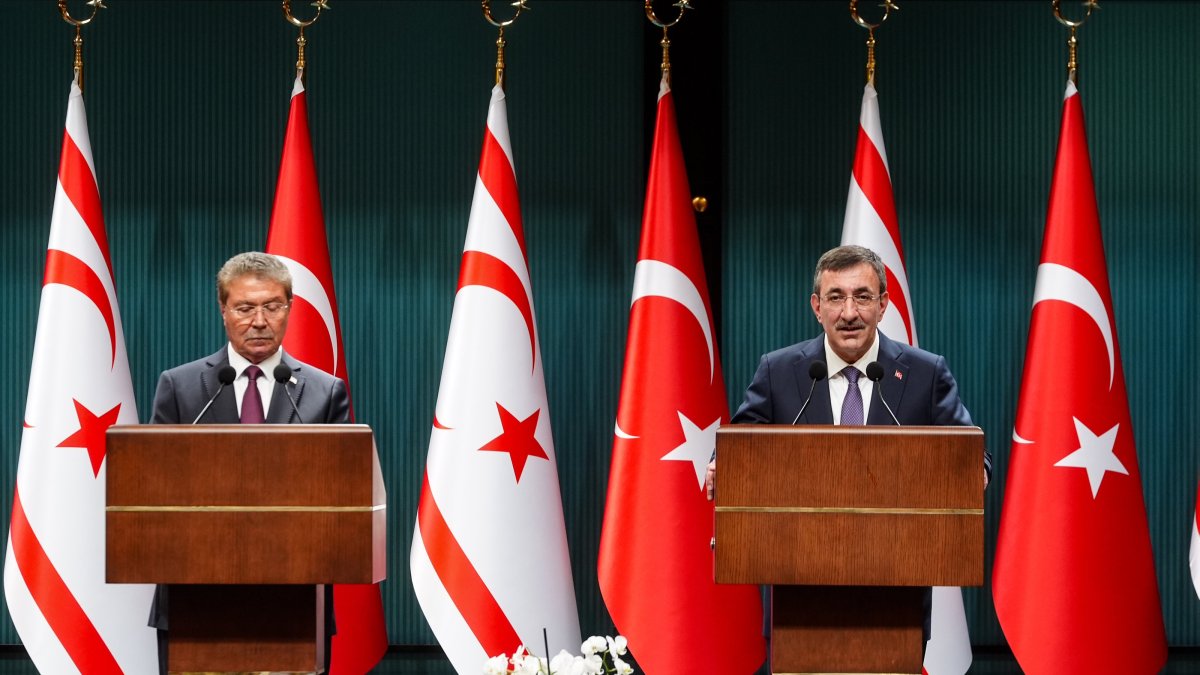 Vice President Cevdet Yılmaz (R) and Turkish Cypriot Prime Minister Ünal Üstel speak at a press conference, Ankara, Türkiye, April 9, 2026. (AA Photo)
