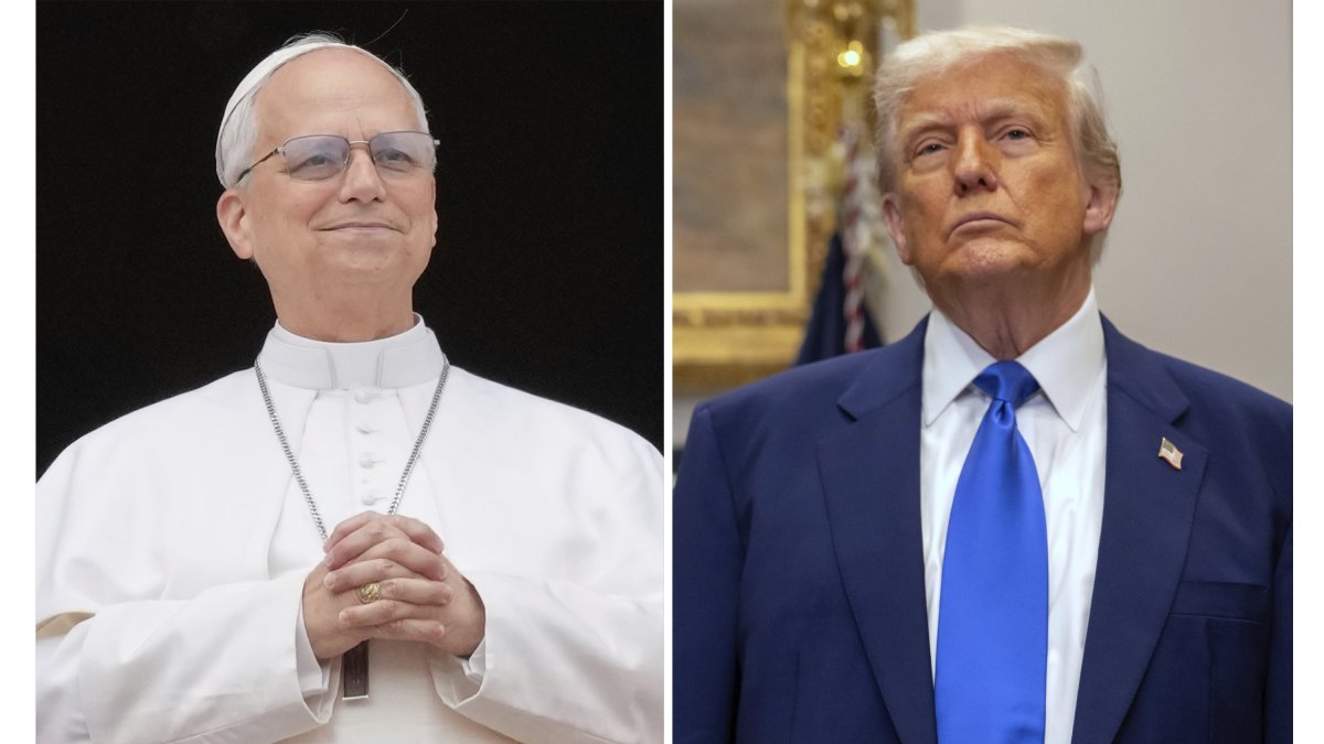 This combination photos show Pope Leo XIV (L) at the central balcony of St. Peter's Basilica at the Vatican, May 11, 2025, and U.S. President Donald Trump during an event in the Roosevelt Room at the White House, Washington, U.S., May 12, 2025. (AP Photo)