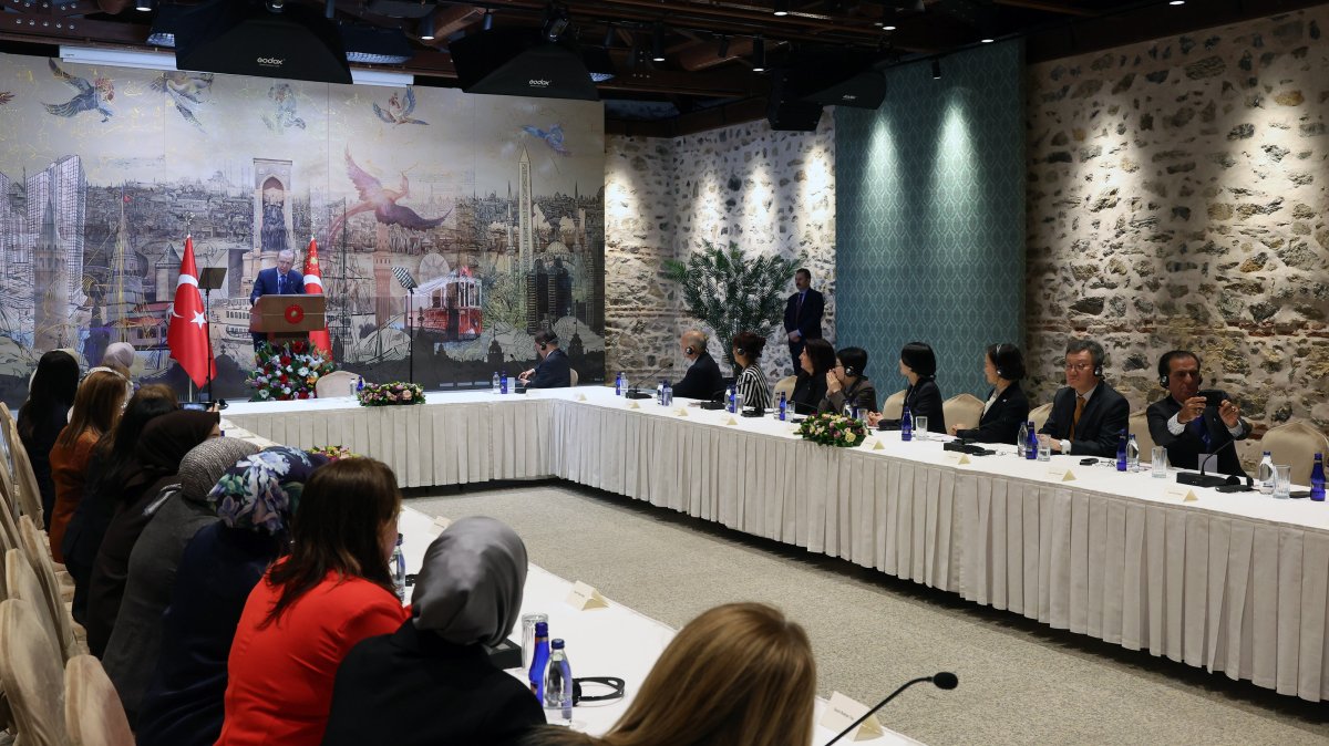 President Recep Tayyip Erdoğan speaks at a meeting with participants of the International Conference of Asian Political Parties (ICAPP) Women’s Wing, Istanbul, April 10, 2026. (AA Photo)