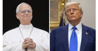 This combination photos show Pope Leo XIV (L) at the central balcony of St. Peter's Basilica at the Vatican, May 11, 2025, and U.S. President Donald Trump during an event in the Roosevelt Room at the White House, Washington, U.S., May 12, 2025. (AP Photo)