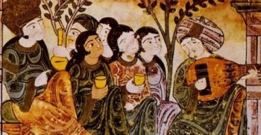 A scene of Ziryab playing the oud for the public. (Wikipedia Photo)