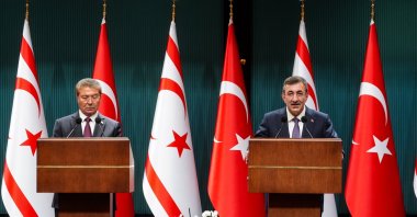 Vice President Cevdet Yılmaz (R) and Turkish Cypriot Prime Minister Ünal Üstel speak at a press conference, Ankara, Türkiye, April 9, 2026. (AA Photo)