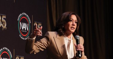 Former U.S. Vice President Kamala Harris speaks at the National Action Network (NAN) convention in New York, April 10, 2026. (AFP Photo)