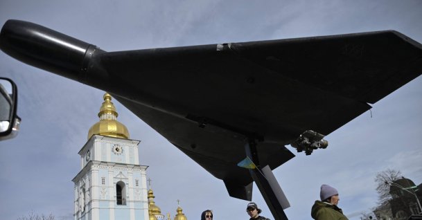 People look at an Iranian-designed HESA Shahed 136 (Geran-2) drone at an open-air exhibition of destroyed Russian military equipment on Mykhailivska Square, Kyiv, Ukraine, April 7, 2026. (AFP Photo)