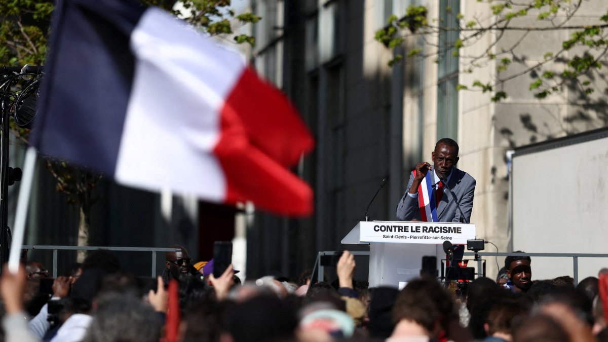Bally Bagayoko, the newly elected mayor of Saint-Denis, makes a speech during a demonstration against racism, Saint Denis, Paris, France, April 4, 2026. (Reuters Photo)