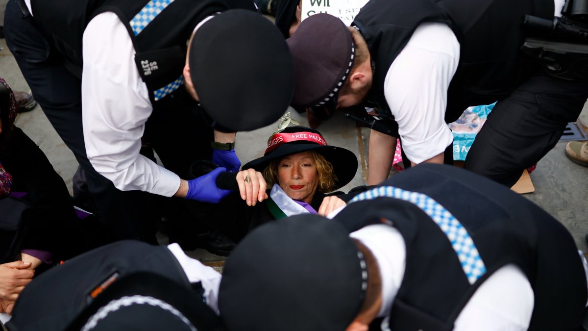 Police officers arrest a supporter of Palestine Action dressed as a suffragette during a mass protest organized by the Defend Our Juries group at Trafalgar Square in London, U.K., April 11, 2026. (EPA Photo)