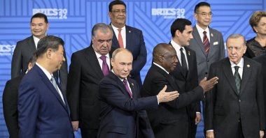 Chinese President Xi Jinping (L), Russian President Vladimir Putin (2nd L) and President Recep Tayyip Erdoğan attend the BRICS summit, Kazan, Russia, Oct. 24, 2024. (AP Photo)