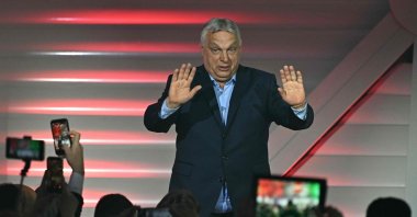 Hungary's Prime Minister Viktor Orban addresses supporters at the Balna centre during a general election, Budapest, Hungary, April 12, 2026. (AFP Photo)