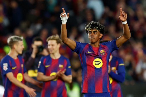 Barcelona's Lamine Yamal celebrates after a La Liga match against Espanyol in Barcelona, Spain, April 11, 2026. (Reuters Photo)