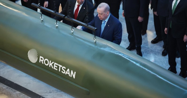 President Recep Tayyip Erdoğan signs off a Tayfun Blok-4 hypersonic missile developed by Turkish defense giant Roketsan, in a ceremony, Ankara, Türkiye, April 7, 2026. (AA Photo)