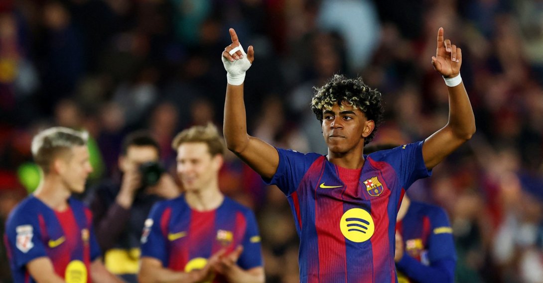 Barcelona's Lamine Yamal celebrates after a La Liga match against Espanyol in Barcelona, Spain, April 11, 2026. (Reuters Photo)