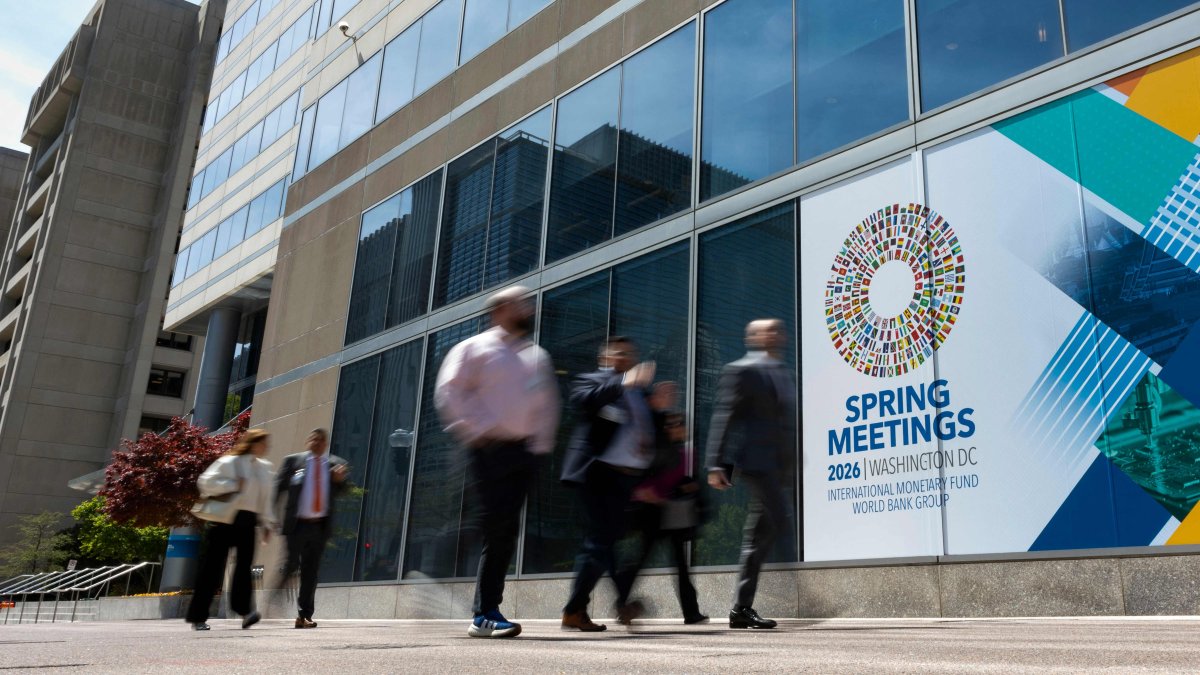 Signage for the upcoming International Monetary Fund (IMF) 2026 Spring Meetings are seen outside of the IMF headquarters in Washington, D.C., U.S., April 9, 2026. (AFP Photo)