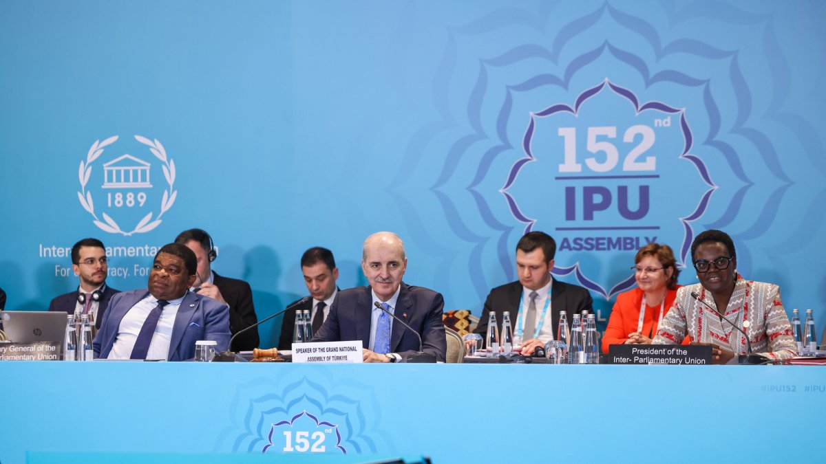 Turkish Parliamentary Speaker Numan Kurtulmuş (C) attends the executive committee meeting of IPU, in Istanbul, Türkiye, April 13, 2026. (AA Photo) 