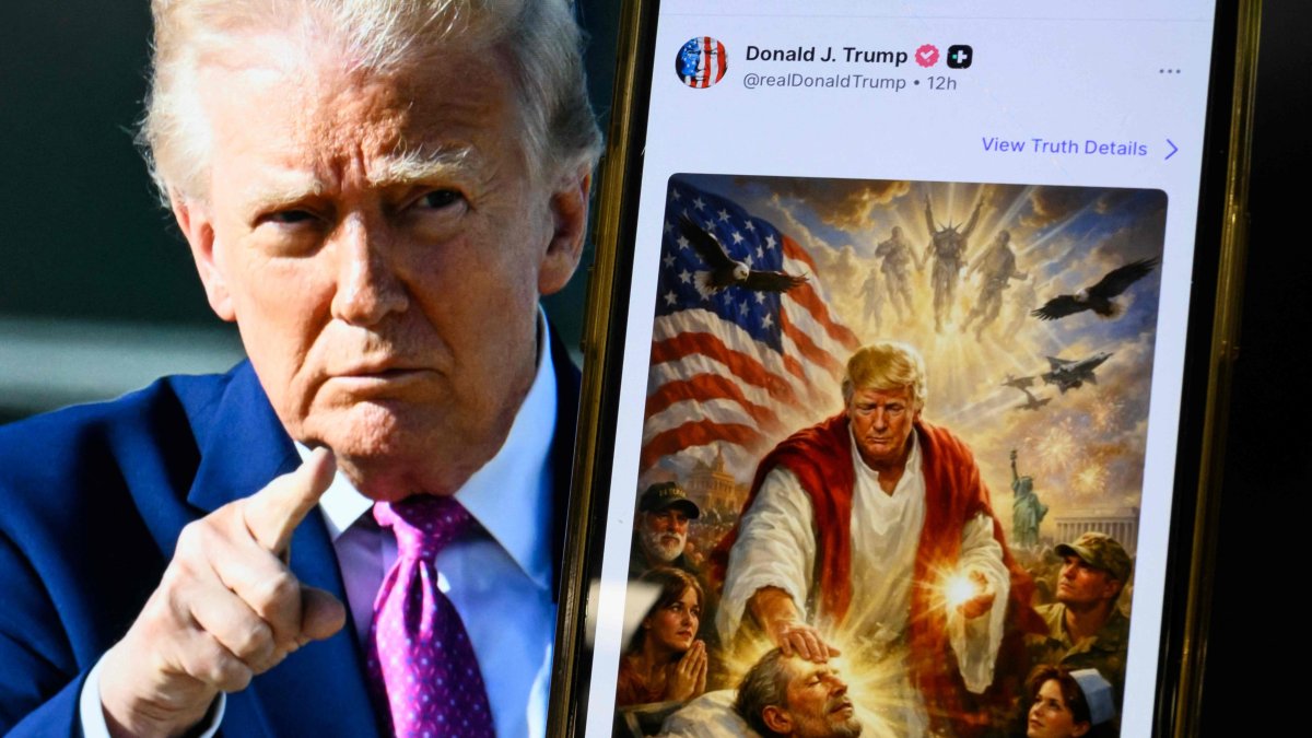 This photo illustration shows a picture of U.S. President Donald Trump on a screen and an AI-generated picture he posted on his Truth Social platform depicting himself as Jesus Christ after criticizing Pope Leo XIV, April 13, 2026. (AFP Photo)