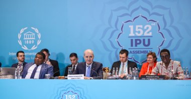 Turkish Parliamentary Speaker Numan Kurtulmuş (C) attends the executive committee meeting of IPU, in Istanbul, Türkiye, April 13, 2026. (AA Photo) 