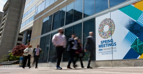 Signage for the upcoming International Monetary Fund (IMF) 2026 Spring Meetings are seen outside of the IMF headquarters in Washington, D.C., U.S., April 9, 2026. (AFP Photo)