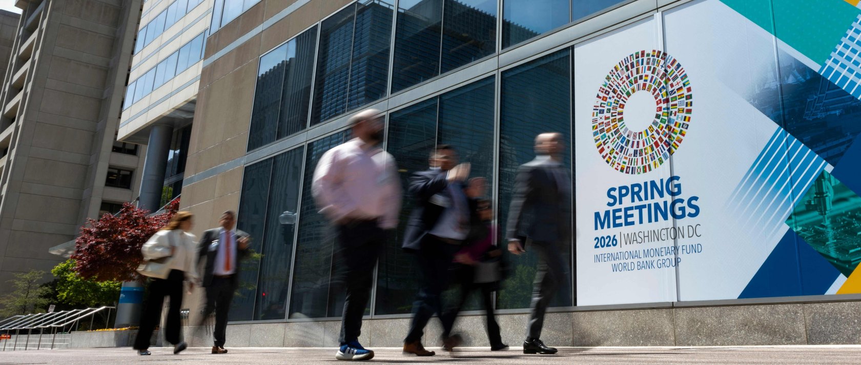 Signage for the upcoming International Monetary Fund (IMF) 2026 Spring Meetings are seen outside of the IMF headquarters in Washington, D.C., U.S., April 9, 2026. (AFP Photo)